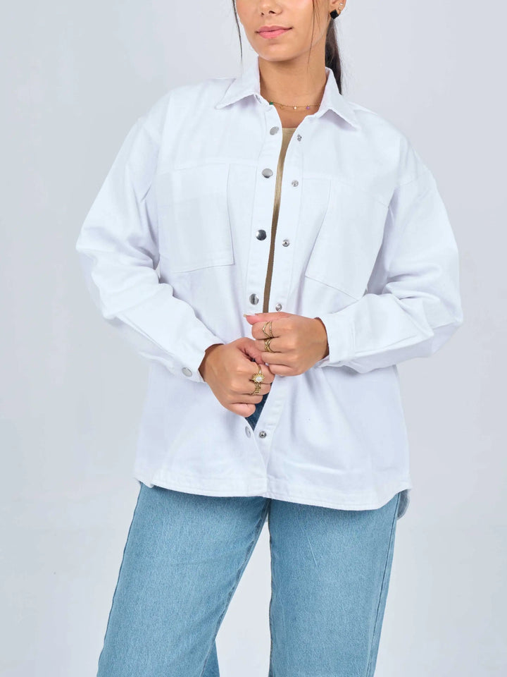 Oversized White Patch Pocket Denim Shirt Jacket.