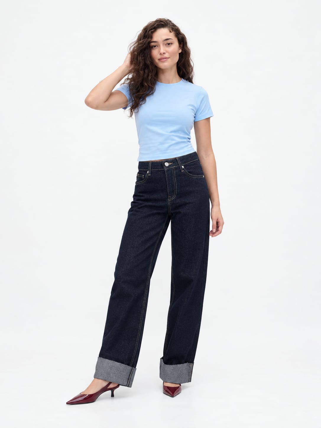 Pastel Blue Short Sleeve Crew-Neck Fitted Top Basic top CIZARO - Cizaro Jeans