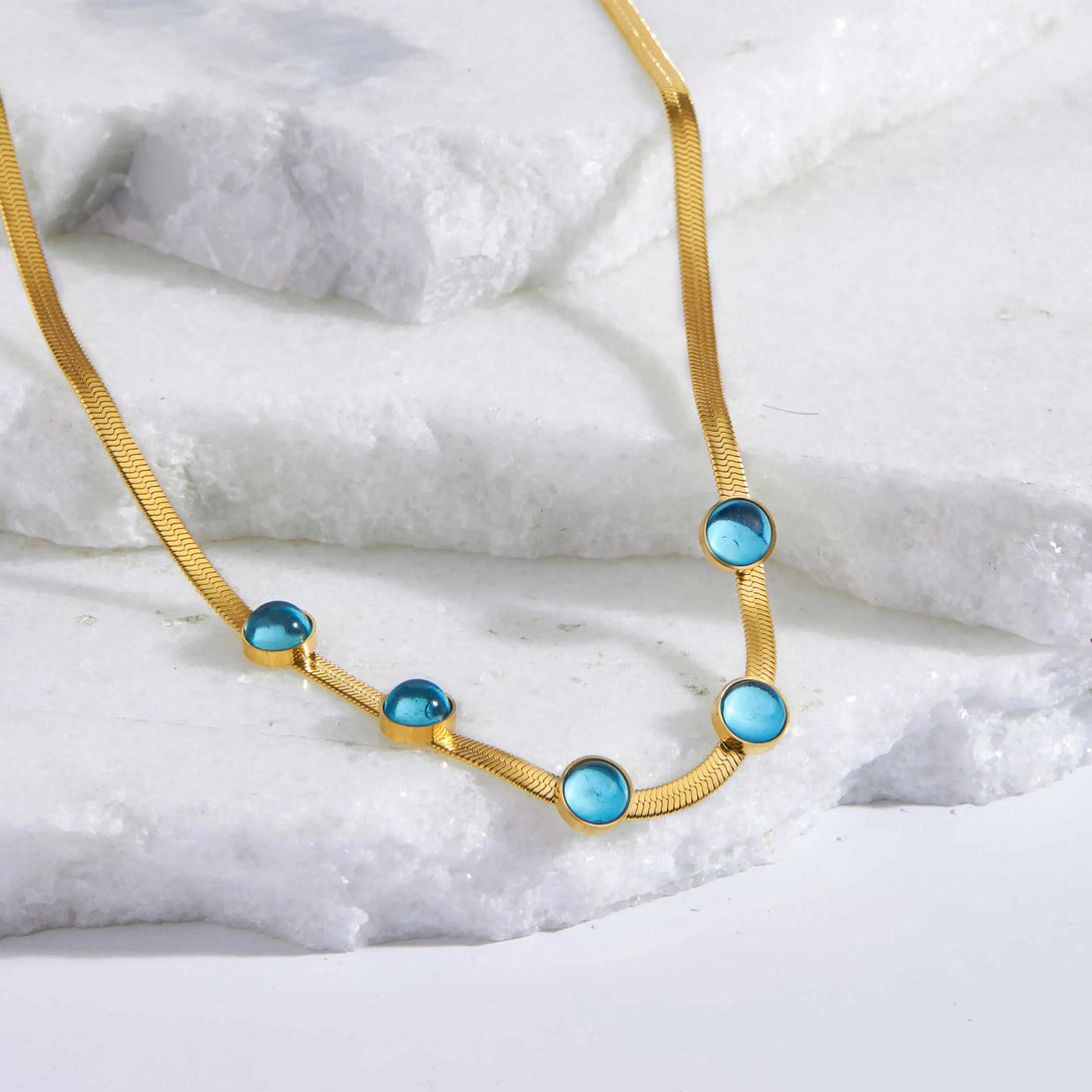 Turquoise Stones Herringbone Gold Necklace.
