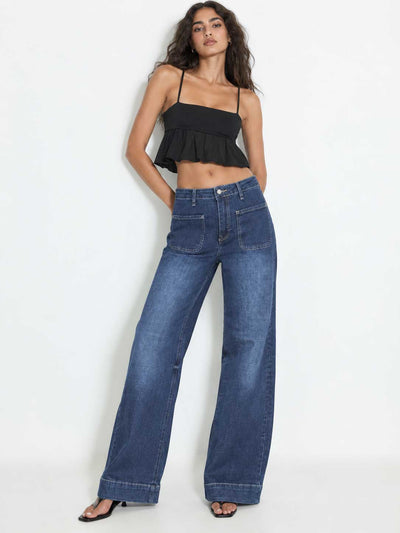 Patch Pocket Wide-Leg – High-Waist Vintage Blue Jeans Wide-Leg CIZARO - Cizaro Jeans