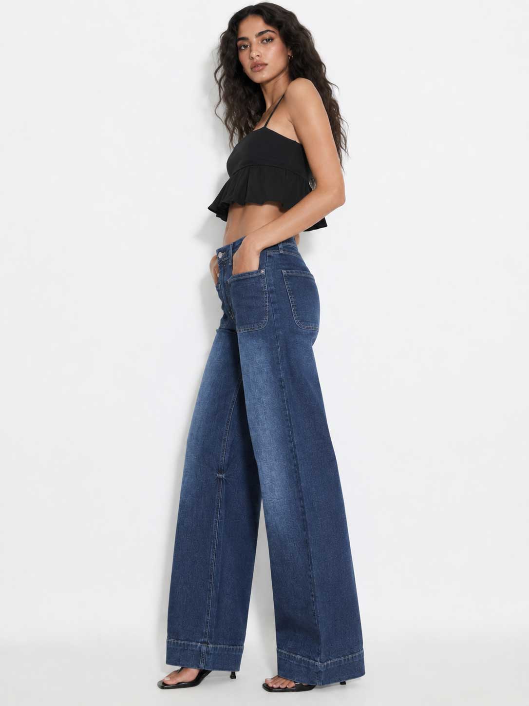 Patch Pocket Wide-Leg – High-Waist Vintage Blue Jeans Wide-leg CIZARO - Cizaro Jeans