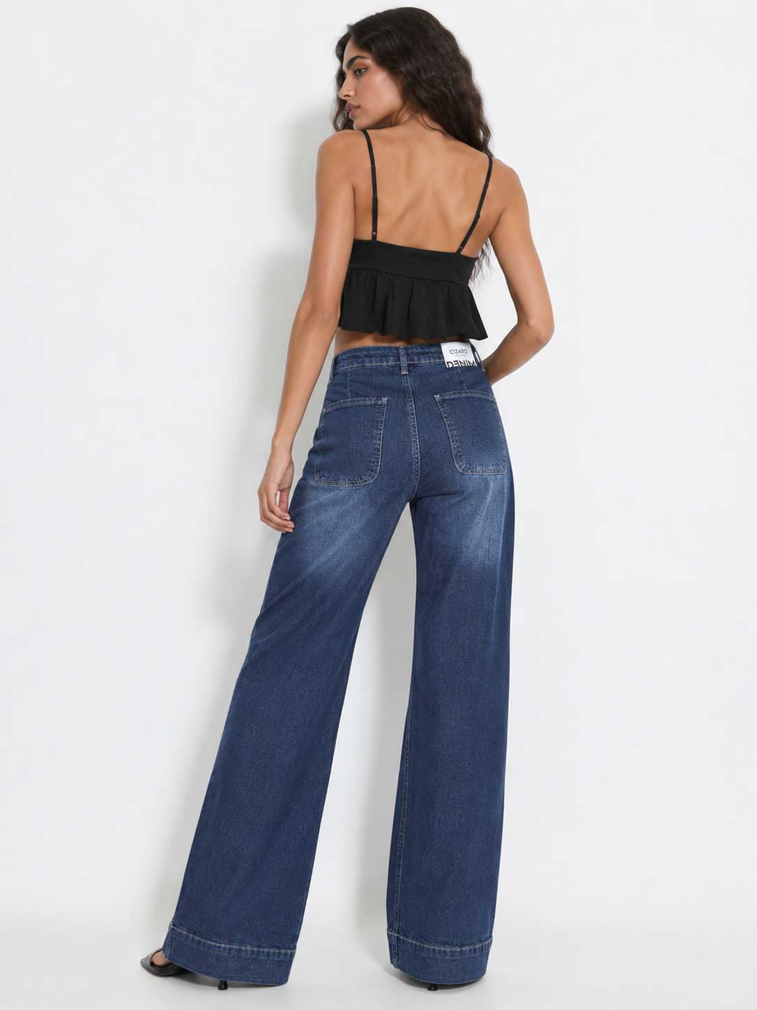 Patch Pocket Wide-Leg – High-Waist Vintage Blue Jeans
