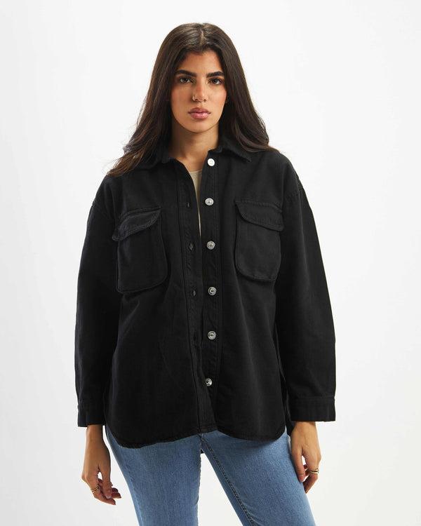 Oversized Black Bellow Pocket Denim Shirt Jacket.