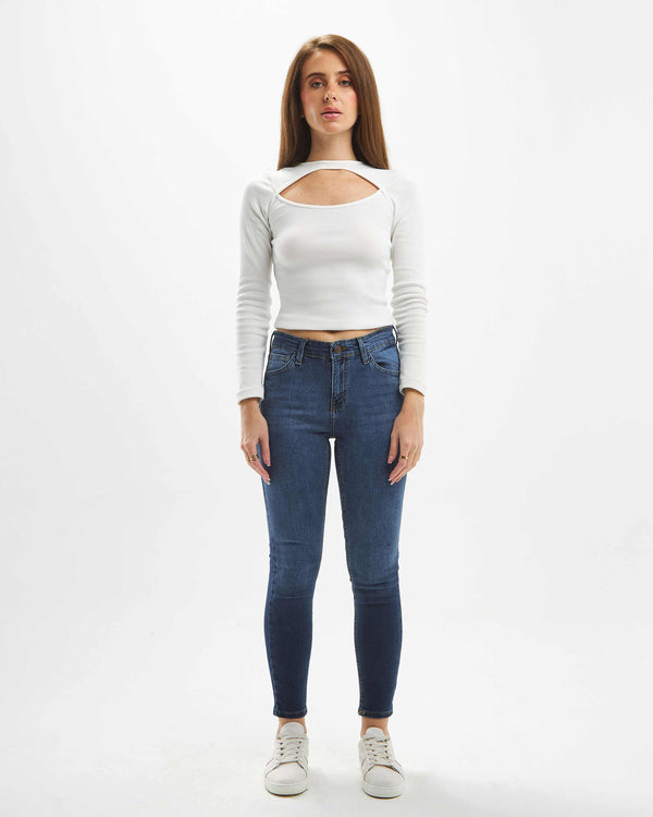 High-Waist Navy Blue Washed Skinny Jeans.