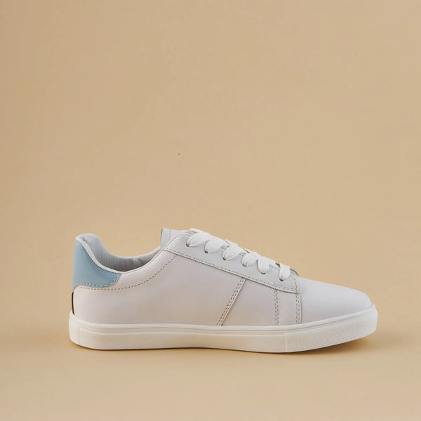 Basic Lace-up White Blue Flat Leather Sneakers.