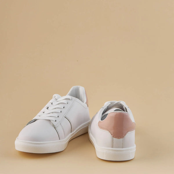 Basic Lace-up White Pink Flat Leather Sneakers.