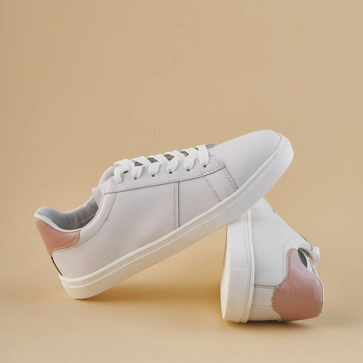 Basic Lace-up White Pink Flat Leather Sneakers.