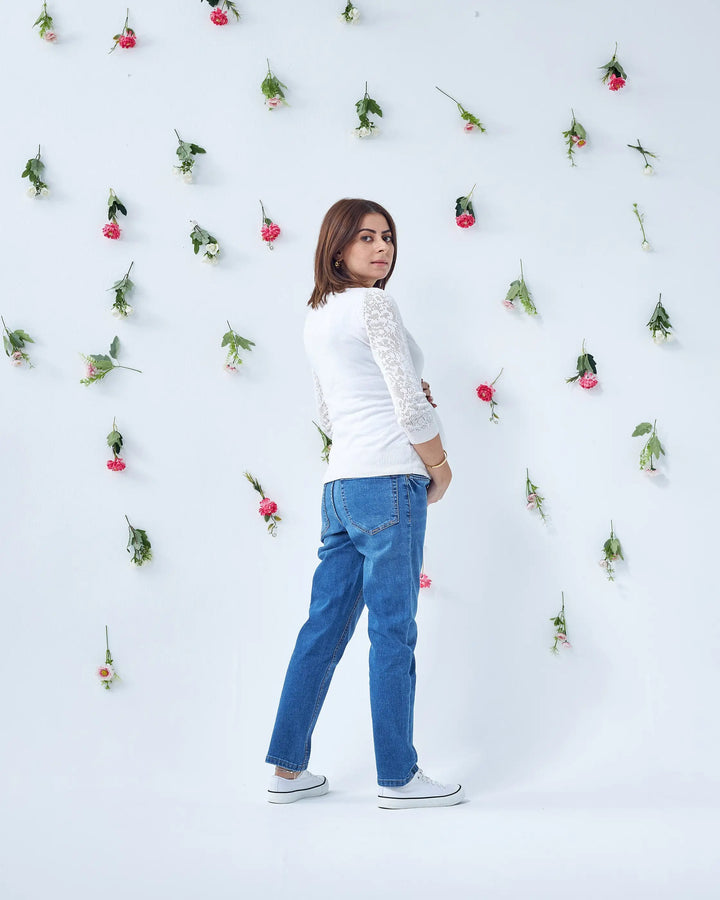 High-Waist Medium Wash Mama Boyfriend Jeans. - Maternity 