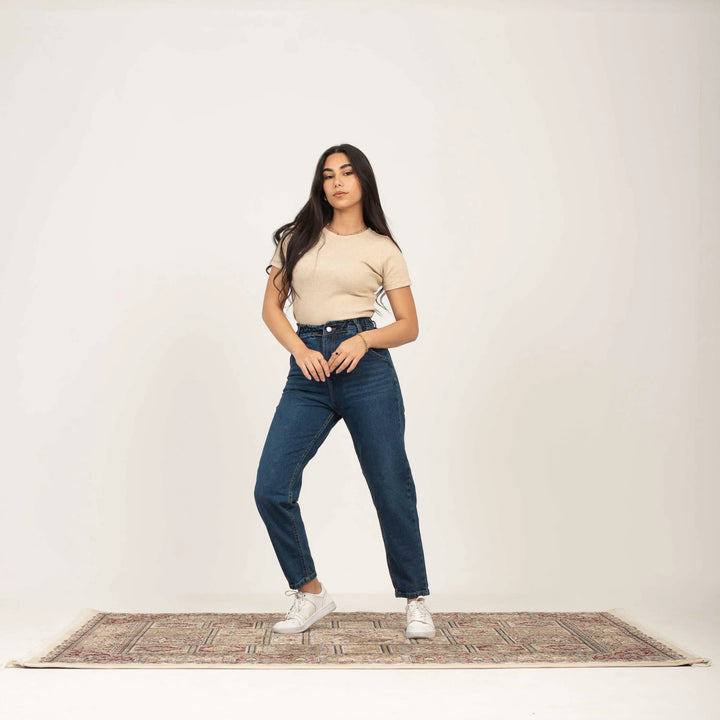 Super High-Waist Dark Blue Shade Paper Bag Boyfriend Jeans.