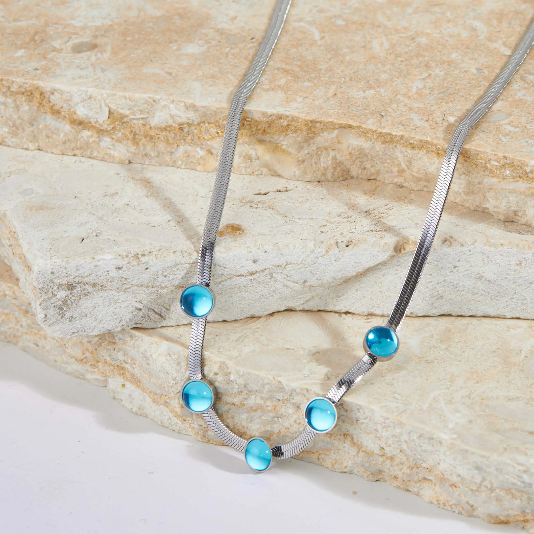 Turquoise Stones Herringbone Silver Necklace.